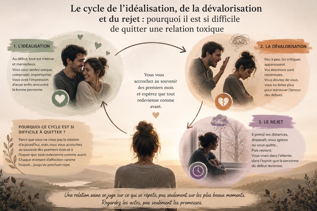 Infographie : le cycle de l'idéalisation, de la dévalorisation et du rejet