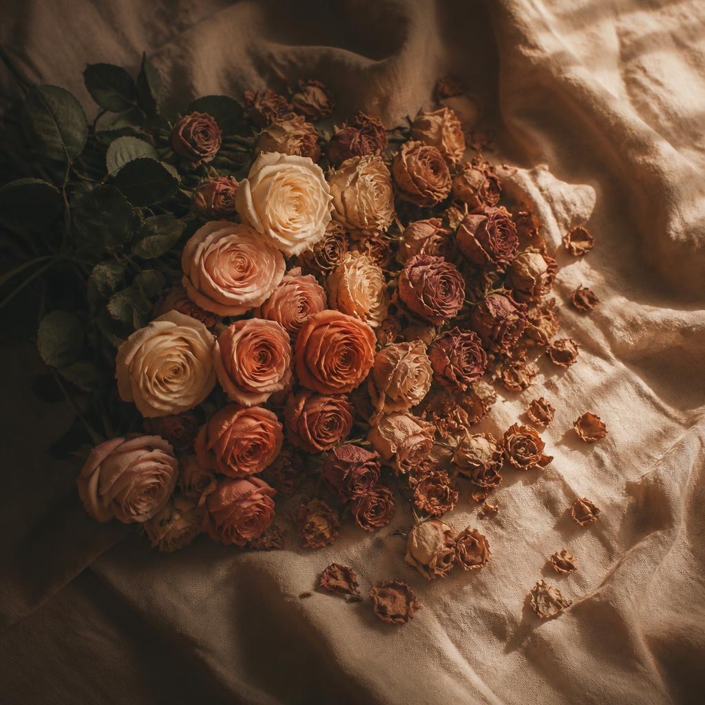 Bouquet de roses passant de la floraison éclatante à des pétales fanés