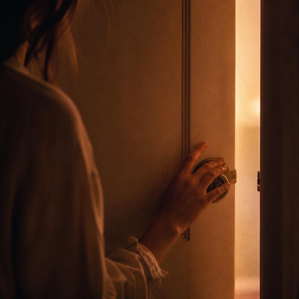 Main hésitante sur la poignée d'une porte entrouverte, lumière chaude