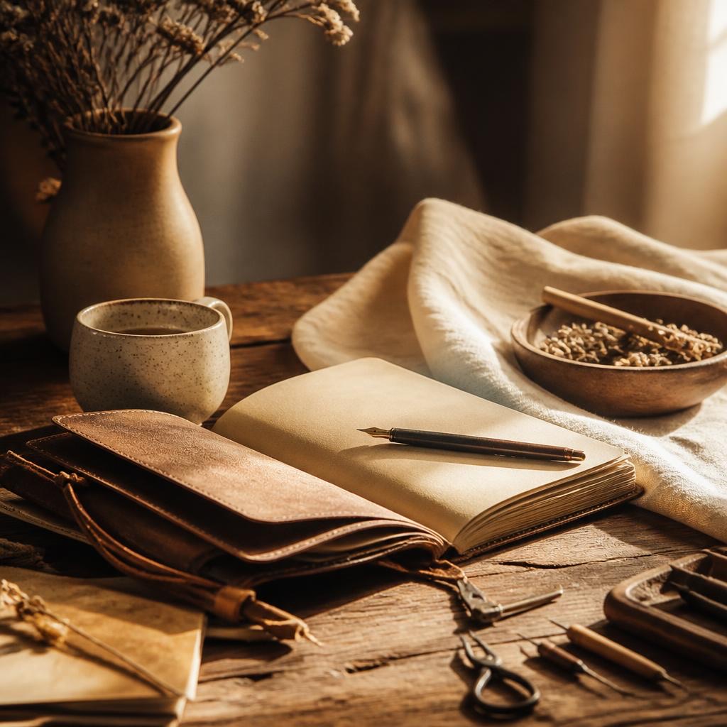 Bureau d'artisan en bois : carnet ouvert, plume, tasse en céramique, herbes séchées