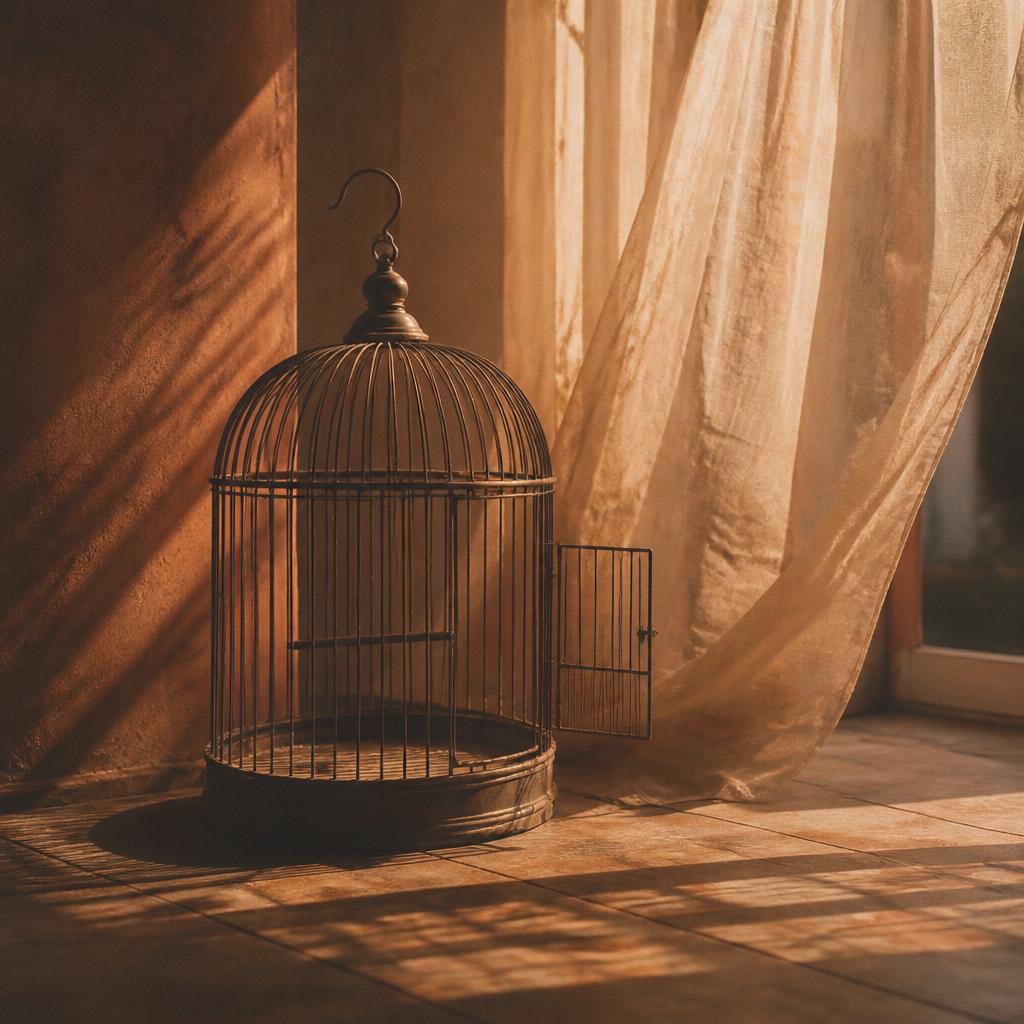 Femme assise dans une cage dont la porte est ouverte, un chemin lumineux au-dehors