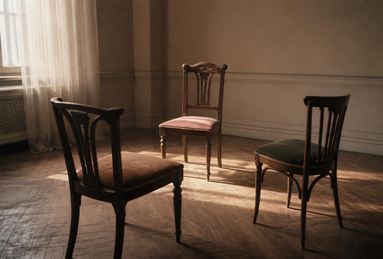 Trois chaises anciennes disposées en triangle dans une pièce baignée de lumière